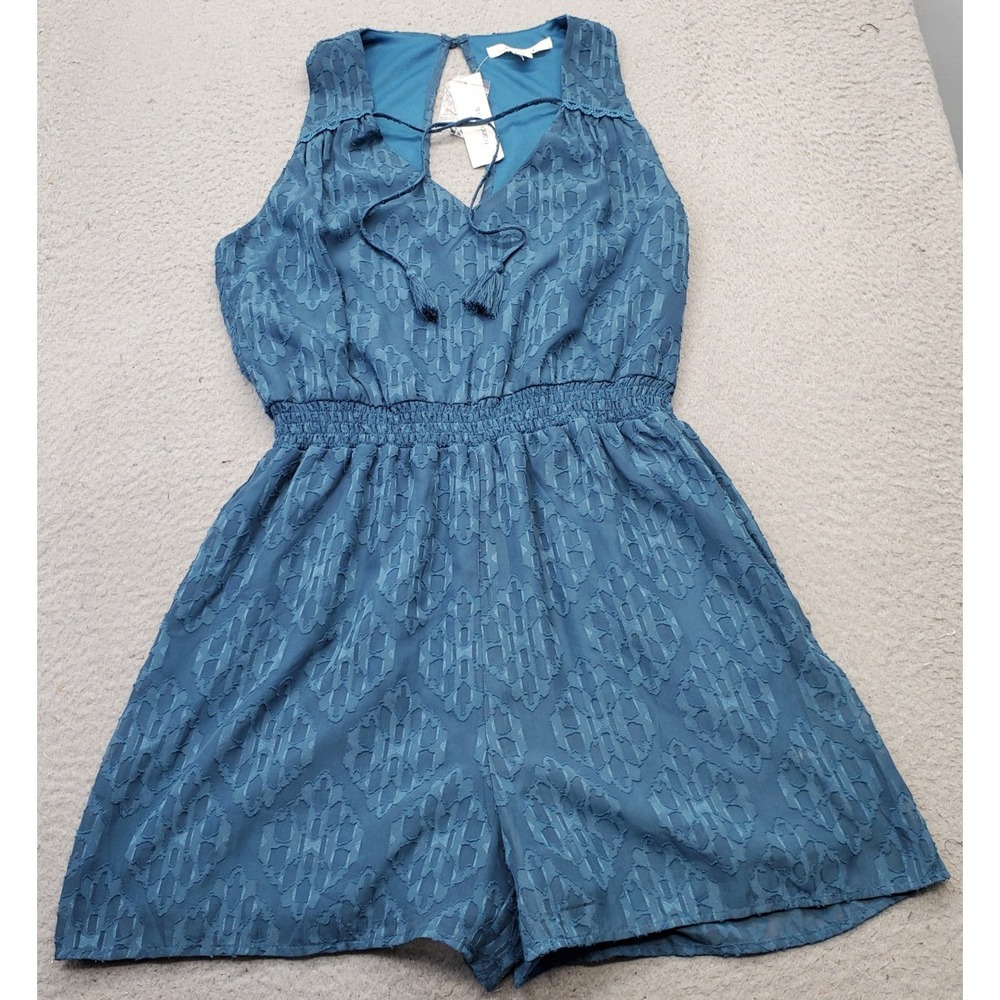 Miamii Francesca's Romper Womens Medium Blue Damask Jacquard Print Cutout Back